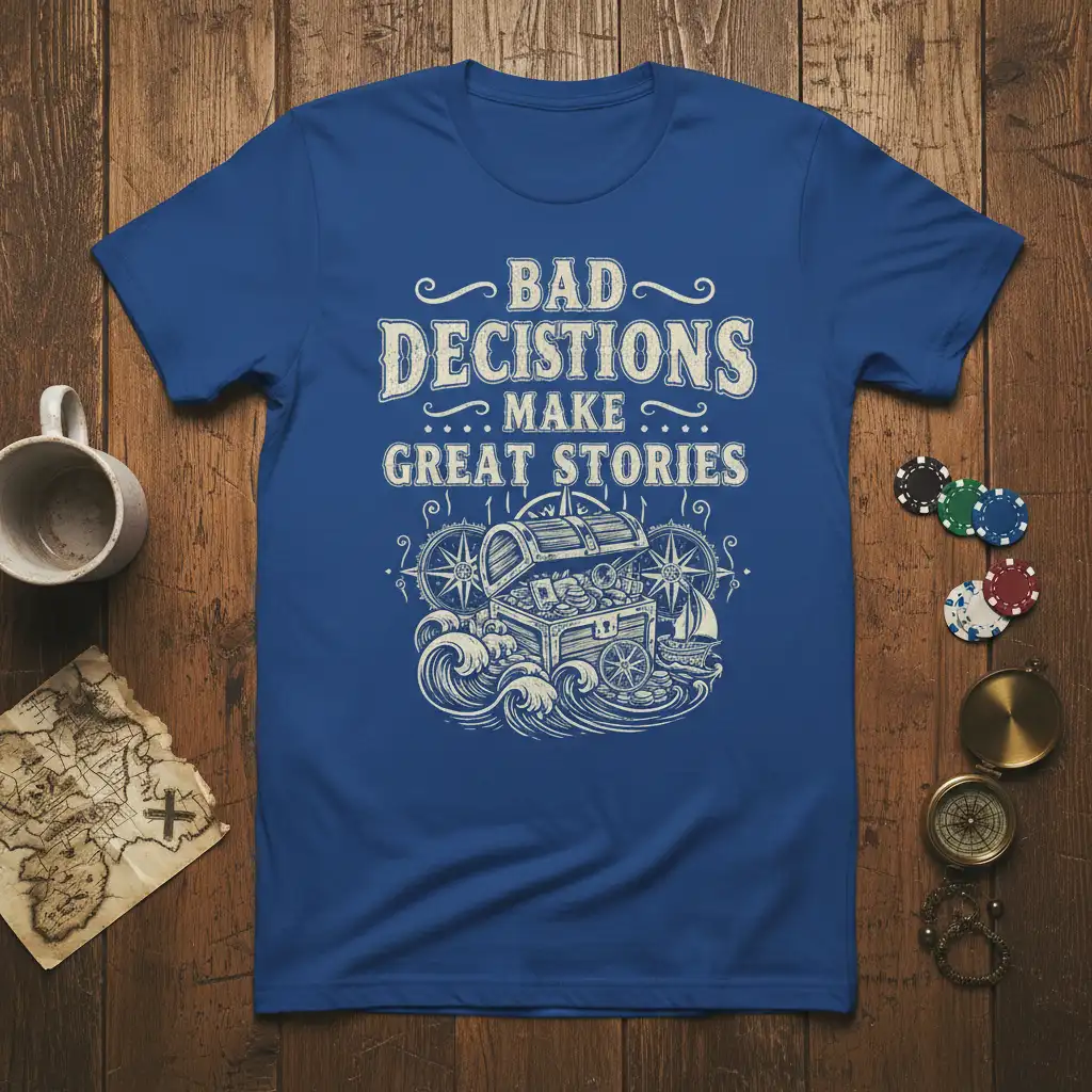 Bad Decisions Make Great Stories quote printed on a blue t-shirt with treasure chest and nautical elements