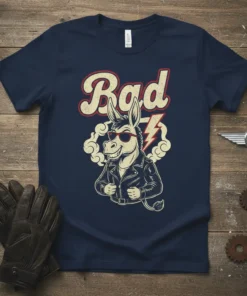Retro Bad Donkey T-Shirt with a cool biker donkey wearing sunglasses and a leather jacket, featuring bold text and lightning