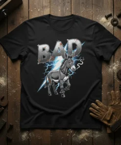 BAD Donkey T-Shirt with lightning graphic and distressed text, featuring a rebellious donkey illustration
