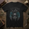 Bad Omens band t-shirt design with a skull, raven, and glowing wings