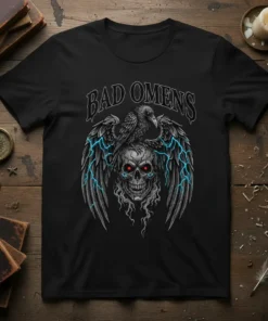 Bad Omens band t-shirt design with a skull, raven, and glowing wings