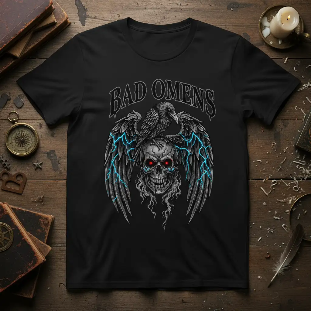 Bad Omens band t-shirt featuring a skull, raven, and energy-infused wings