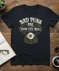 Bad Puns Are How Eye Roll T-Shirt with a vintage-style eyeball graphic and decorative gears