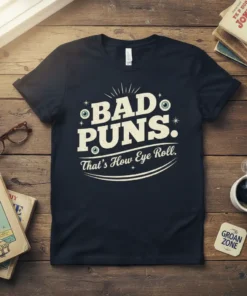Dark t-shirt with white text reading "BAD PUNS. That's How Eye Roll." featuring eye graphics and playful typography