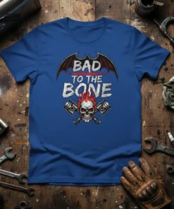 Bad To The Bone T-Shirt with skull, pistons, and bat wings graphic