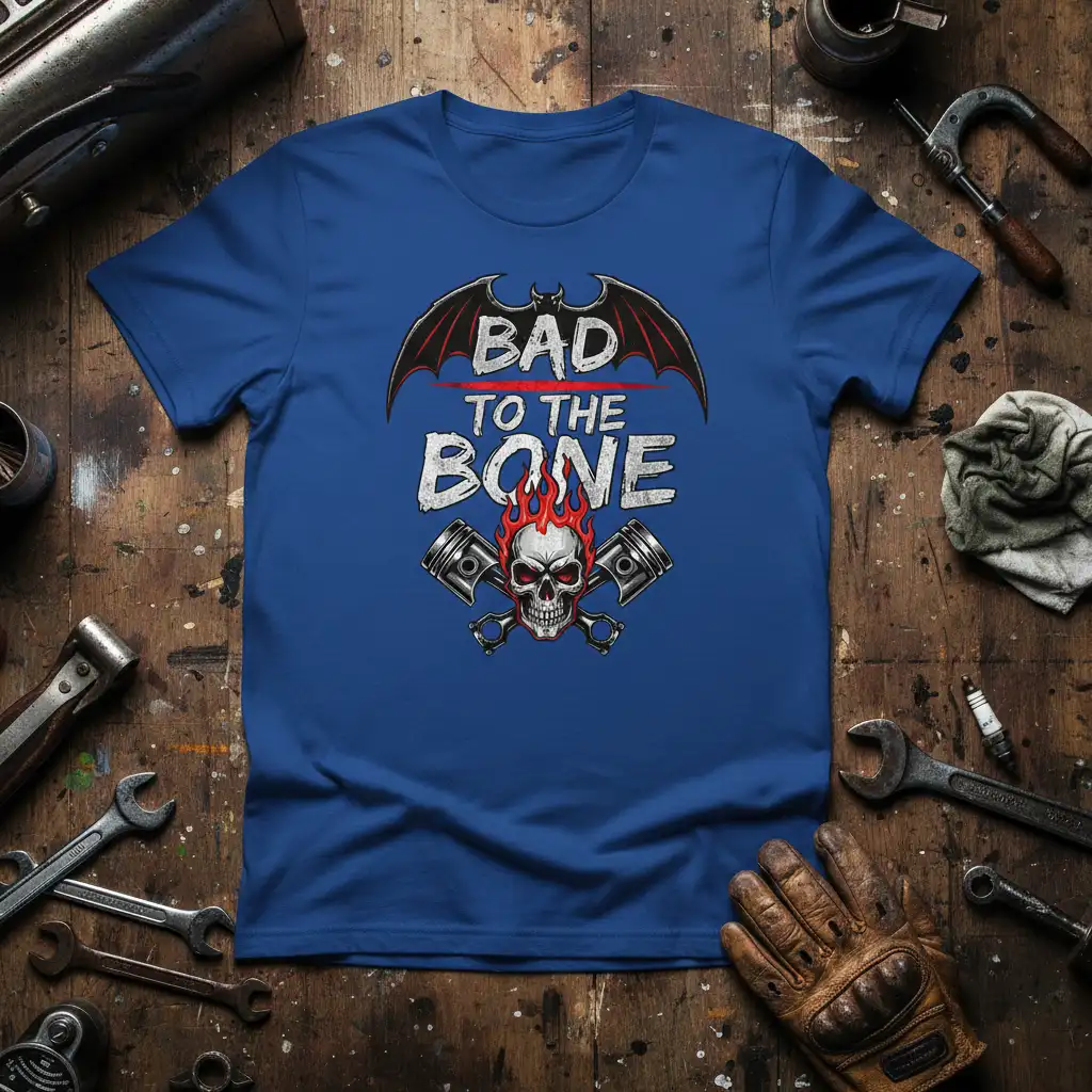 Bad To The Bone T-Shirt featuring flaming skull, pistons, and bat wings graphic