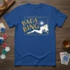 Blue t-shirt with gold glitter "Bada Bing" text and a white silhouette of a woman in a retro frame