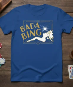 Blue t-shirt with gold glitter "Bada Bing" text and a white silhouette of a woman in a retro frame