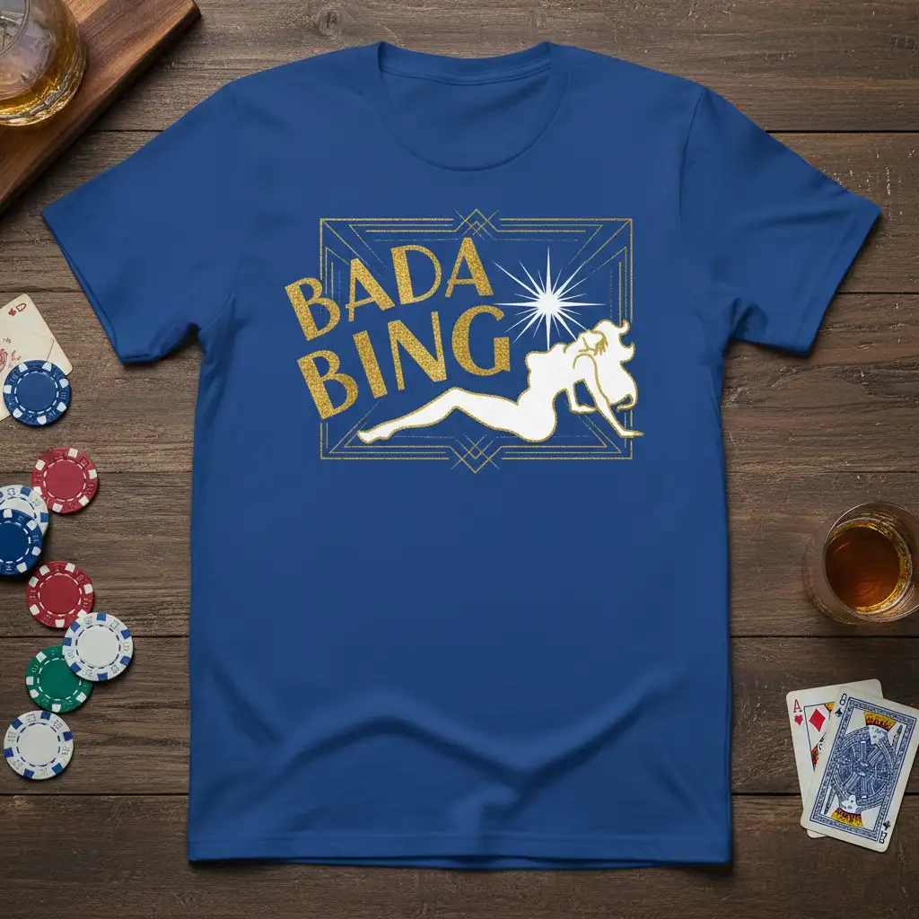 Bada Bing phrase in gold glitter with retro frame and woman silhouette on blue t-shirt