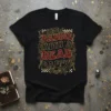 Baddie With A Dead Daddy text design on a black t-shirt with gothic floral and skull accents