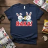 Navy t-shirt with red "BAKA!" text and two cartoon bunnies fist-bumping, one angry and one cheerful