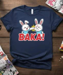 Navy t-shirt with red "BAKA!" text and two cartoon bunnies fist-bumping, one angry and one cheerful