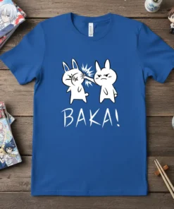 Blue t-shirt with white text "Baka!" and cartoon rabbits slapping each other