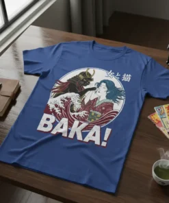 Baka Cat Samurai Woman Japanese Wave Art T-Shirt design with bold text and Japanese characters