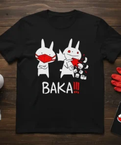 Baka!!! T-Shirt with distressed white anime bunny characters and red exclamation marks, one wearing a mask, the other with toilet