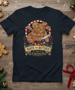 BAKED AND BATTERED EST. CHRISTMAS PAST creative graphic design printed on comfortable cotton t-shirt