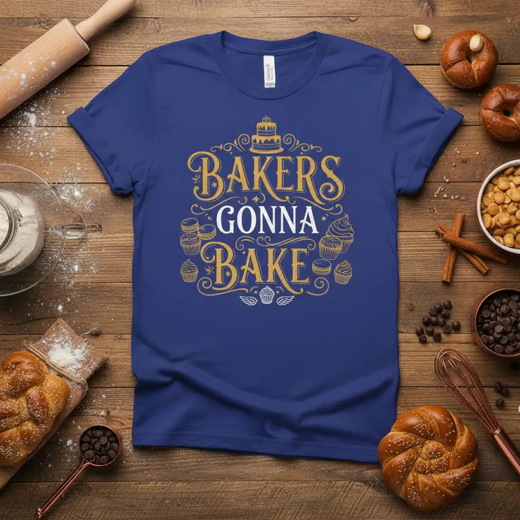 Bakers Gonna Bake quote with decorative cupcakes and a cake graphic on a blue t-shirt