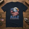 Bald Is Beautiful text with an eagle and American flag graphic on a navy t-shirt