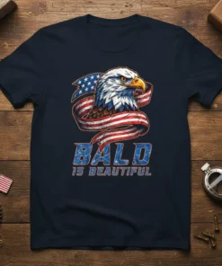 Bald Is Beautiful text with an eagle and American flag graphic on a navy t-shirt