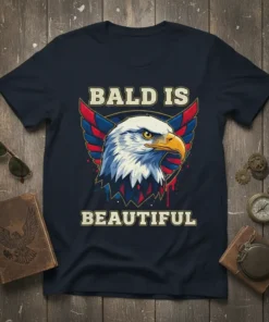 Bald Is Beautiful text with a bald eagle graphic wearing patriotic wings on a navy t-shirt
