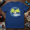 Baldman anime t-shirt design featuring a bald superhero in a white cape within a circular emblem