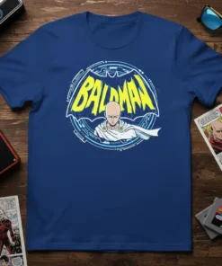 Baldman anime t-shirt design featuring a bald superhero in a white cape within a circular emblem