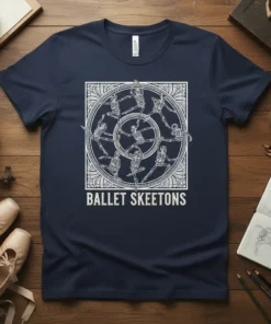 Ballet Skeetons t-shirt design featuring a circular arrangement of skeletons performing ballet poses, with the text "BALLET SKEETONS" below