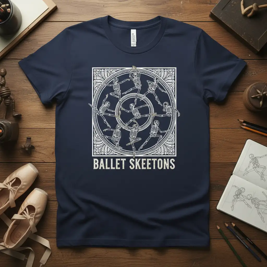 Ballet Skeetons t-shirt featuring dancing skeletons in a circular pattern and bold text below