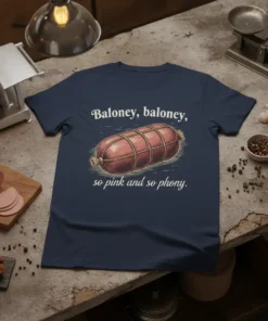 Baloney, baloney, so pink and so phony text with a drawing of a bologna sausage on a navy t-shirt