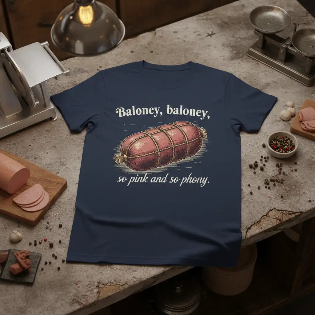 Baloney, baloney, so pink and so phony quote with bologna sausage illustration on a navy tee