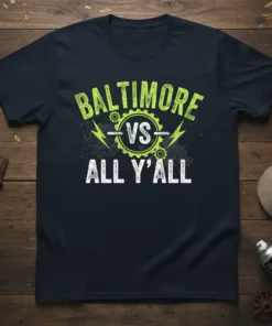 Baltimore Vs All Y'all graphic tee with distressed text and lightning bolt accents