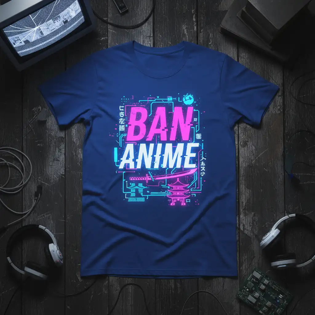 BAN ANIME text graphic with neon pink and blue cyberpunk circuit board design and Japanese sword illustration