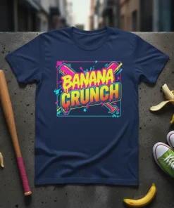 Banana Crunch graphic t-shirt with retro font and crossed baseball bats design