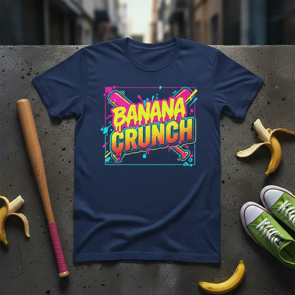 Banana Crunch retro slogan tee with colorful splatters and crossed baseball bats