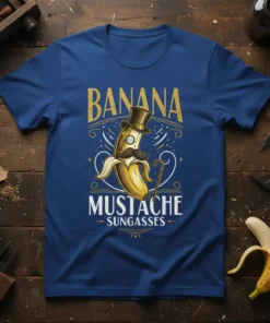 BANANA MUSTACHE SUNGASSES text design on a blue t-shirt featuring a banana wearing a top hat, monocle, and mustache