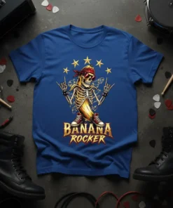 Banana Rocker T-Shirt design featuring a skeleton banana in rockstar pose with stars and musical notes