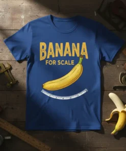 Blue t-shirt with "BANANA FOR SCALE" text and a yellow banana graphic with a measuring tape