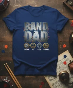 Band Dad Drive Pay Clap Repeat t-shirt design with gears and text in a distressed style