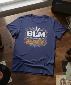 Navy blue t-shirt with "BLM Bang Local Milfs" in distressed white and gold lettering, featuring lightning bolt graphics