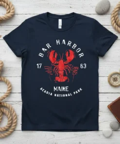 Dark navy t-shirt with a distressed red lobster graphic and text for Bar Harbor Maine Acadia National Park