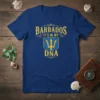 Barbados It's In My DNA t-shirt design with trident graphic and distressed yellow text on a blue shirt