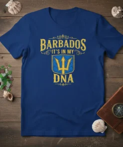 Barbados It's In My DNA t-shirt design with trident graphic and distressed yellow text on a blue shirt