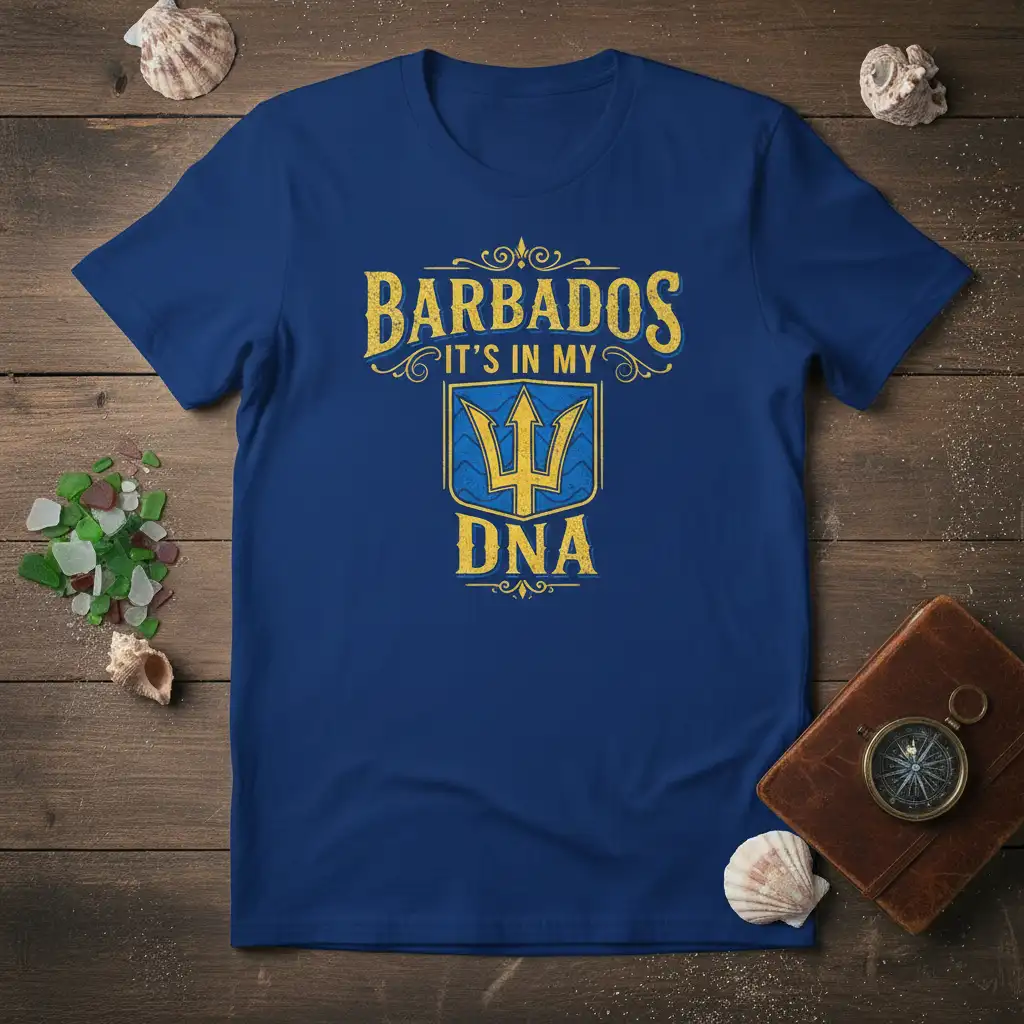 Barbados It's In My DNA t-shirt design featuring distressed yellow text and trident symbol on a royal blue tee