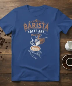 Barista Latte Art Master text with illustration of hands pouring latte art on a blue t-shirt