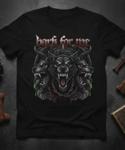 Bark For Me text above a three-headed wolf graphic with red eyes on a black t-shirt