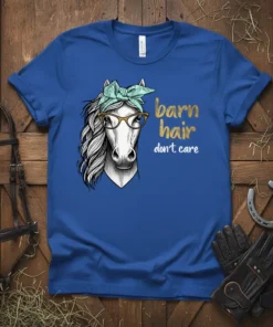 Barn Hair Don't Care horse graphic tee with a horse wearing glasses and a bandana