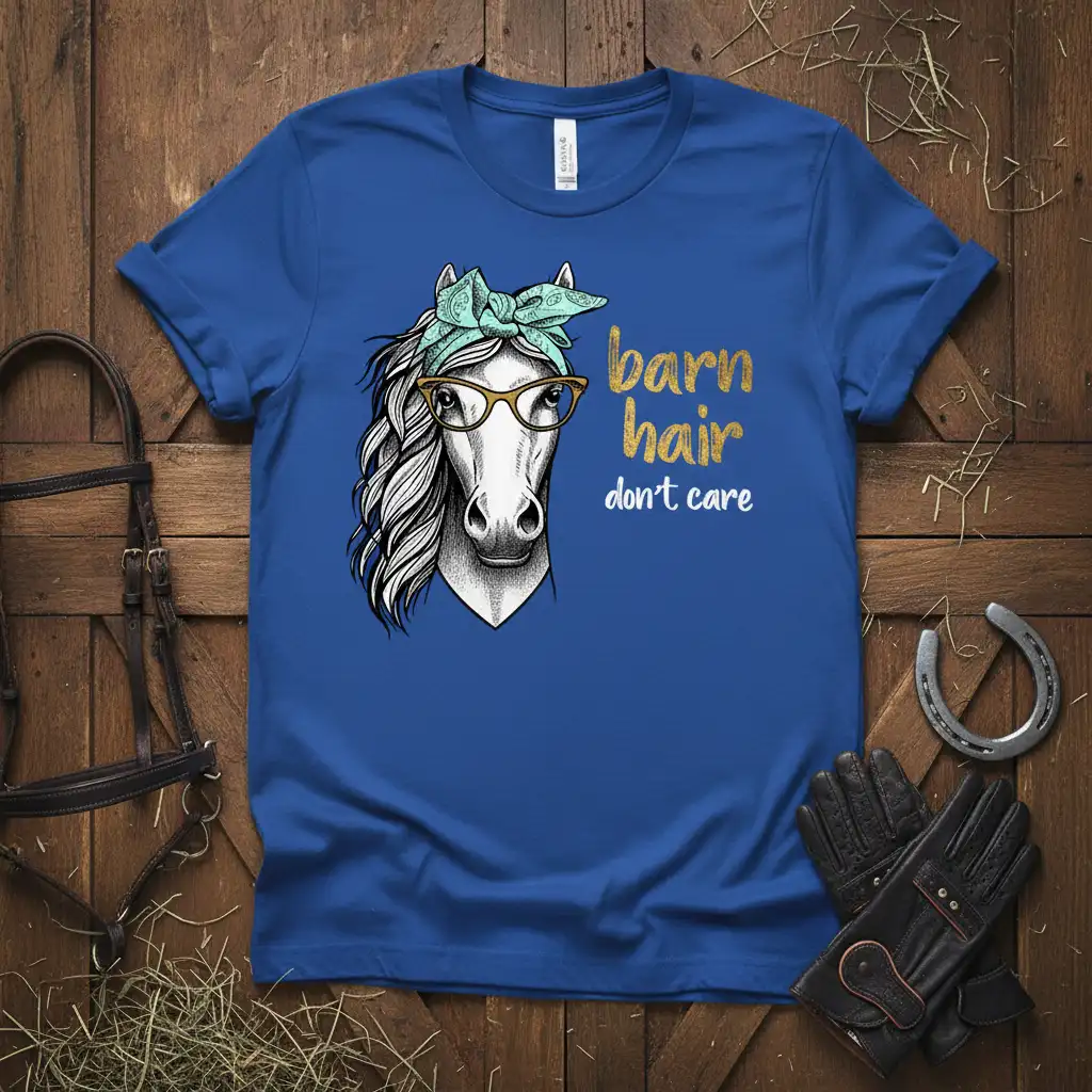 Barn Hair Don't Care horse wearing glasses and bandana graphic on blue t-shirt