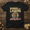 Barrel of Laughs Clowning Around t-shirt design featuring a vintage clown on a barrel with skeleton hands and confetti
