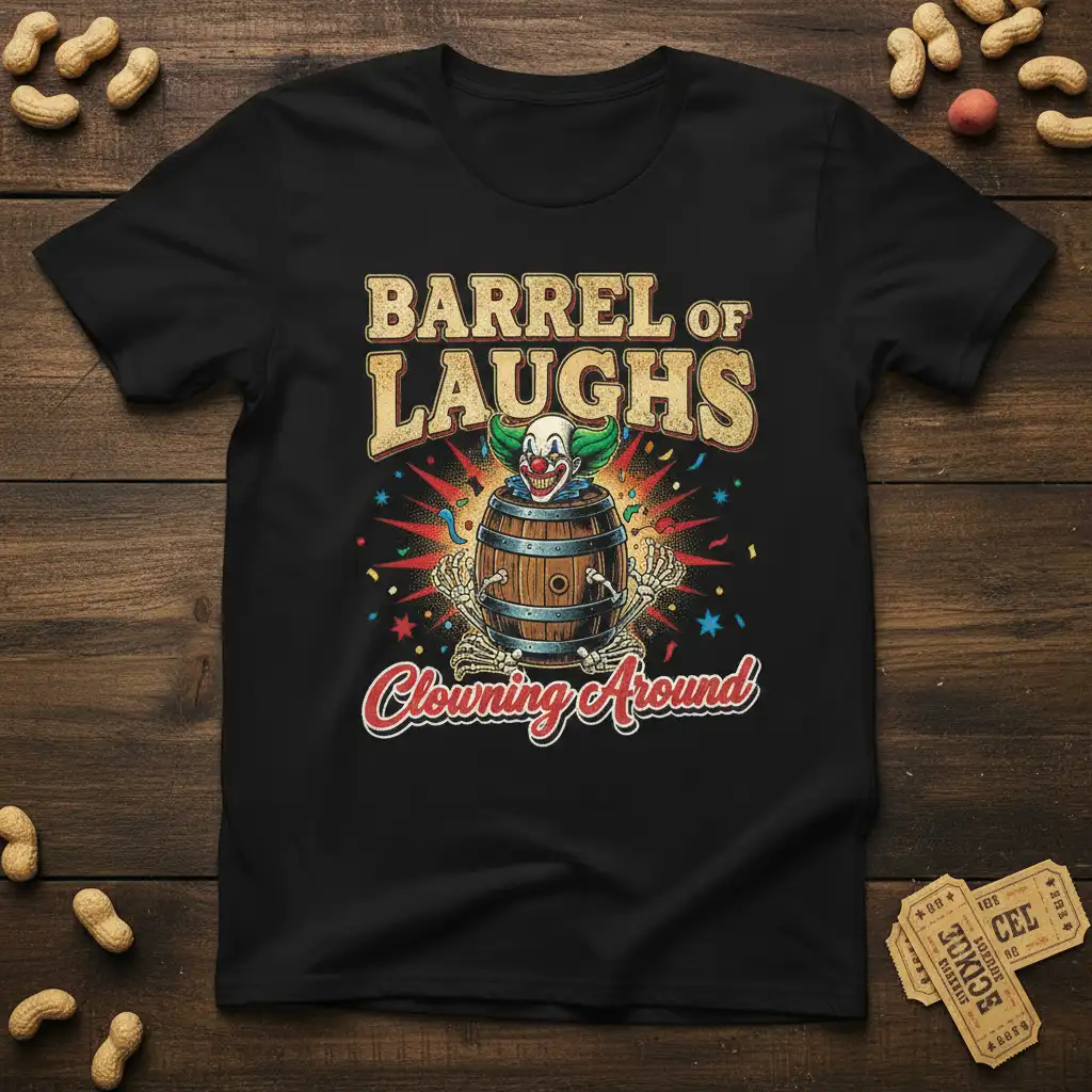 Barrel of Laughs Clowning Around vintage clown t-shirt design with skeleton hands and confetti graphic