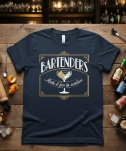 Navy t-shirt with white text "BARTENDERS Make it fun to swallow." above a martini glass graphic